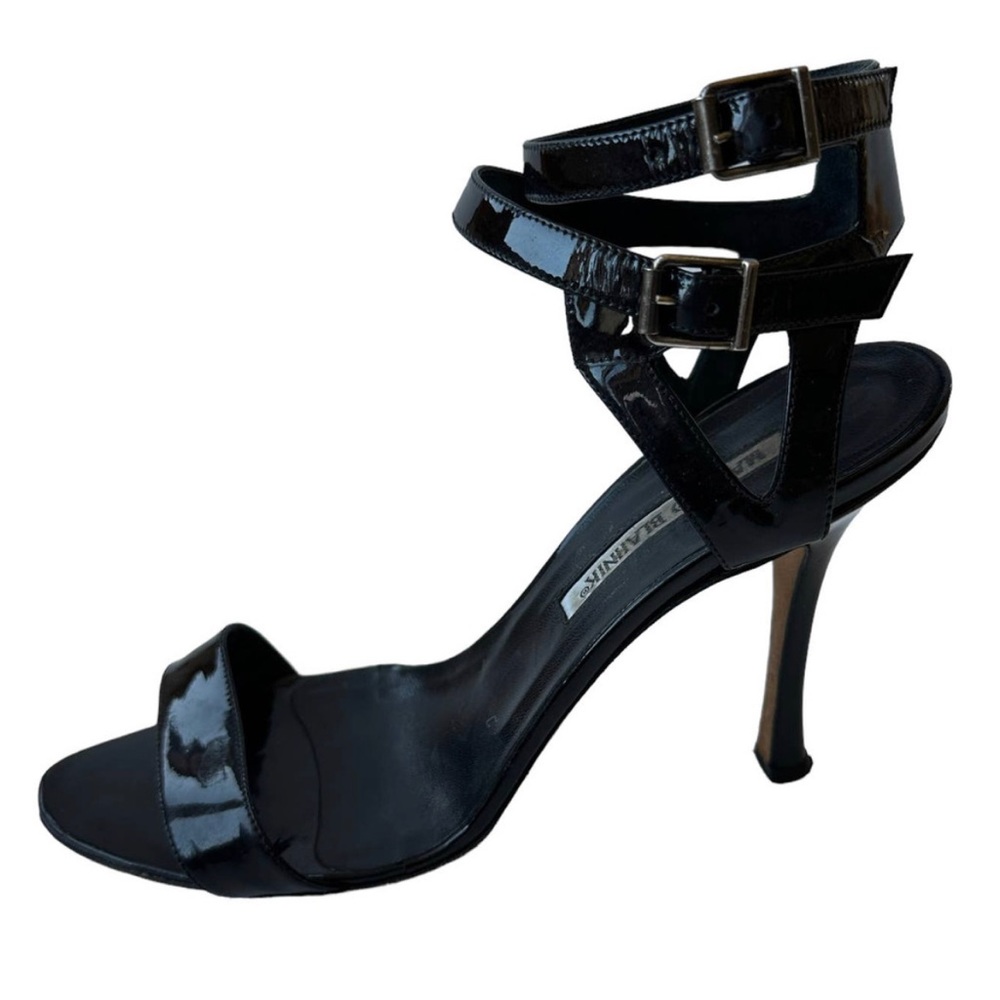 Manolo Blahnik Heels Black Patent Leather Heeled Sandals Women's Size 38.5 8